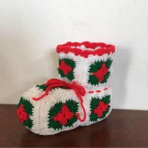 Vintage Granny Square Stocking OS Sock or Boot White w/ red & green trim